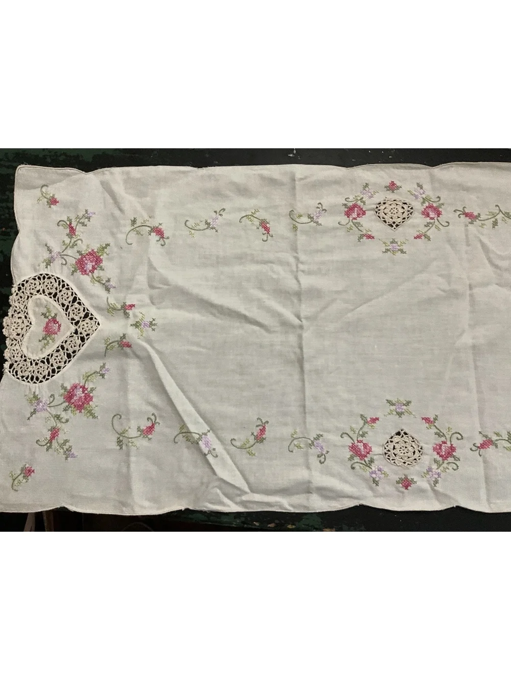 Vintage Embroidered Linen Table Runner with Heart Cutwork 53 1/2” x 15”